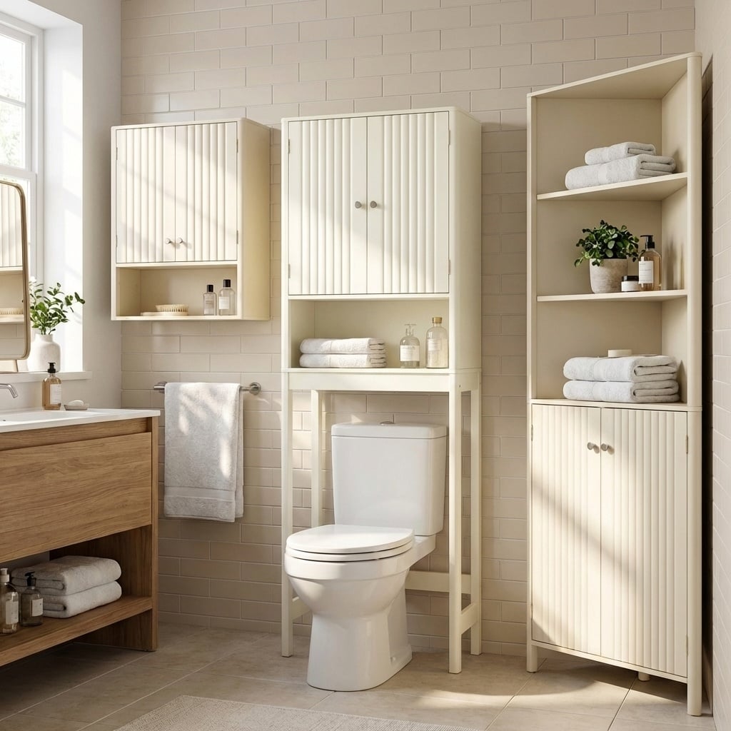 Ensemble de salle de bain de 3 pièces, portes cannelées, coin au-dessus des toilettes et mur, beige