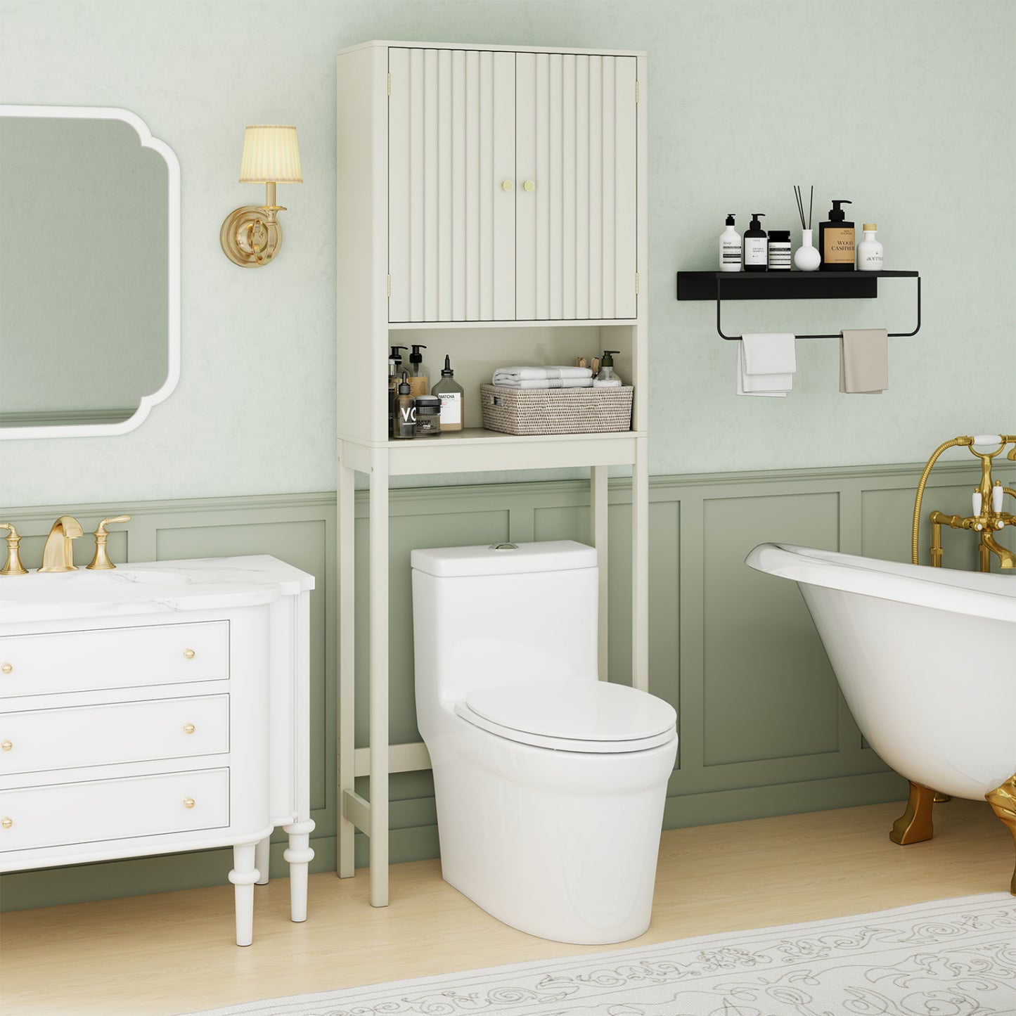 Ensemble de salle de bain de 3 pièces, portes cannelées, coin au-dessus des toilettes et mur, beige