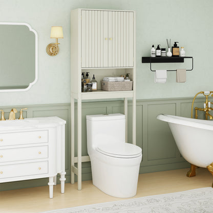 Ensemble de salle de bain de 3 pièces, portes cannelées, coin au-dessus des toilettes et mur, beige