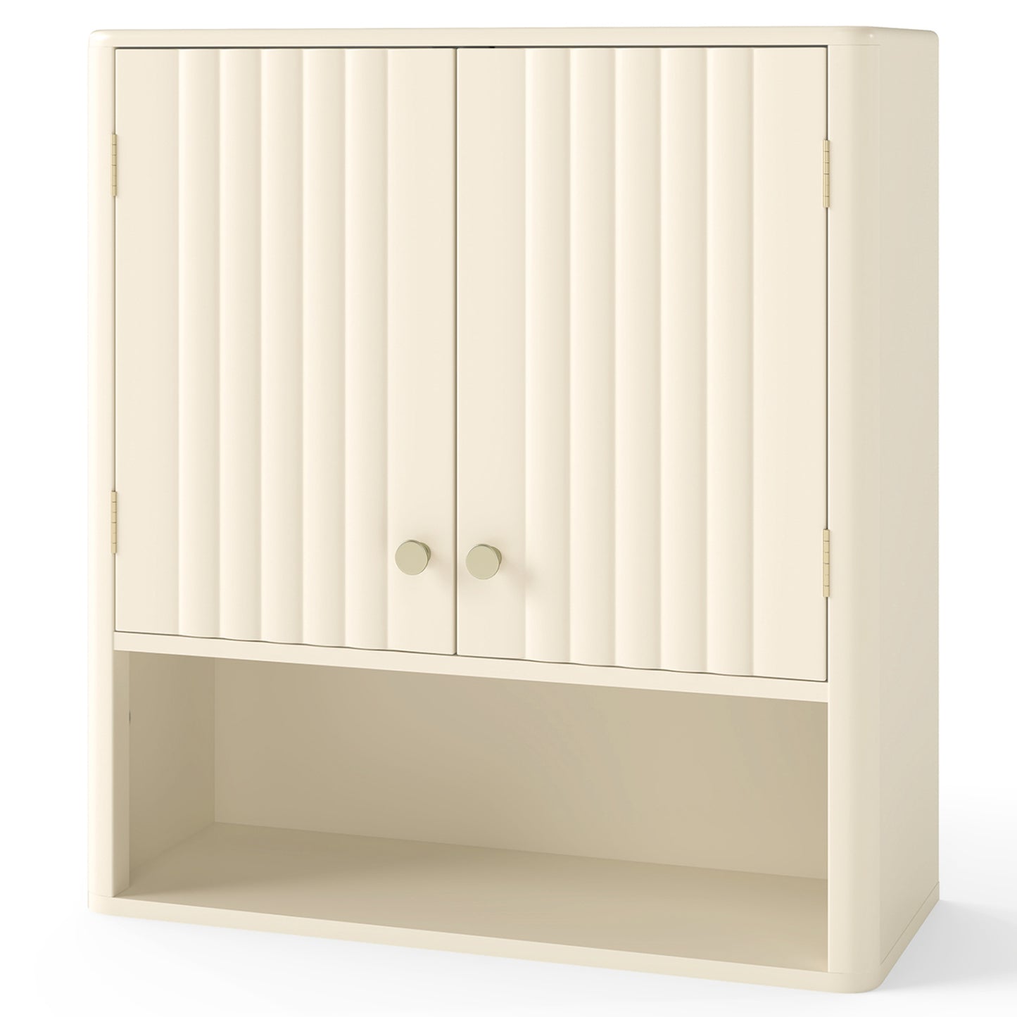 Ensemble de salle de bain de 3 pièces, portes cannelées, coin au-dessus des toilettes et mur, beige