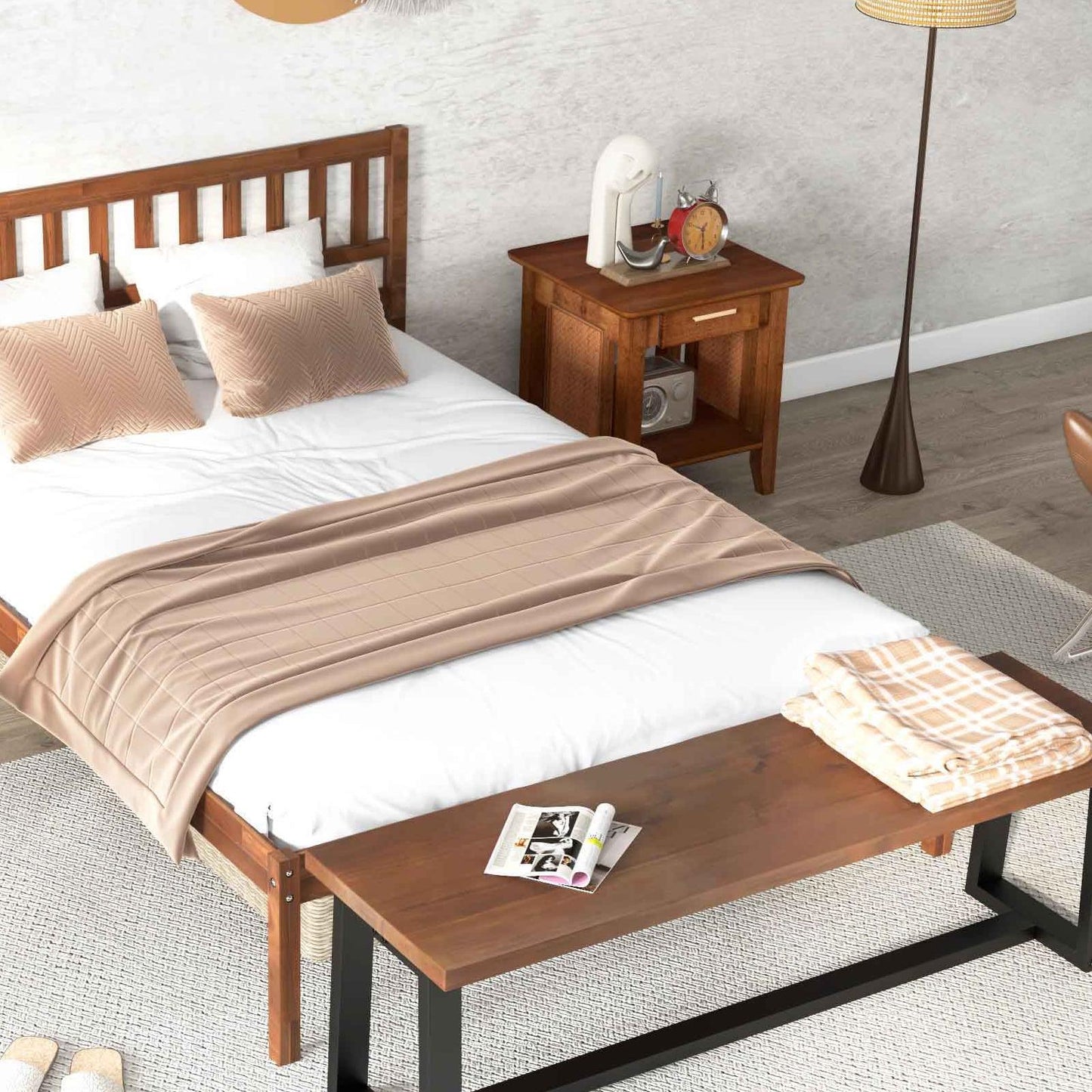 3-Piece Bedroom Bundle: Twin/Full/Queen Size Wood Bed Frame + Dining Bench 2/3 Person Entryway Shoe Bench + Rattan Nightstand End Table Bedroom at Gallery Canada