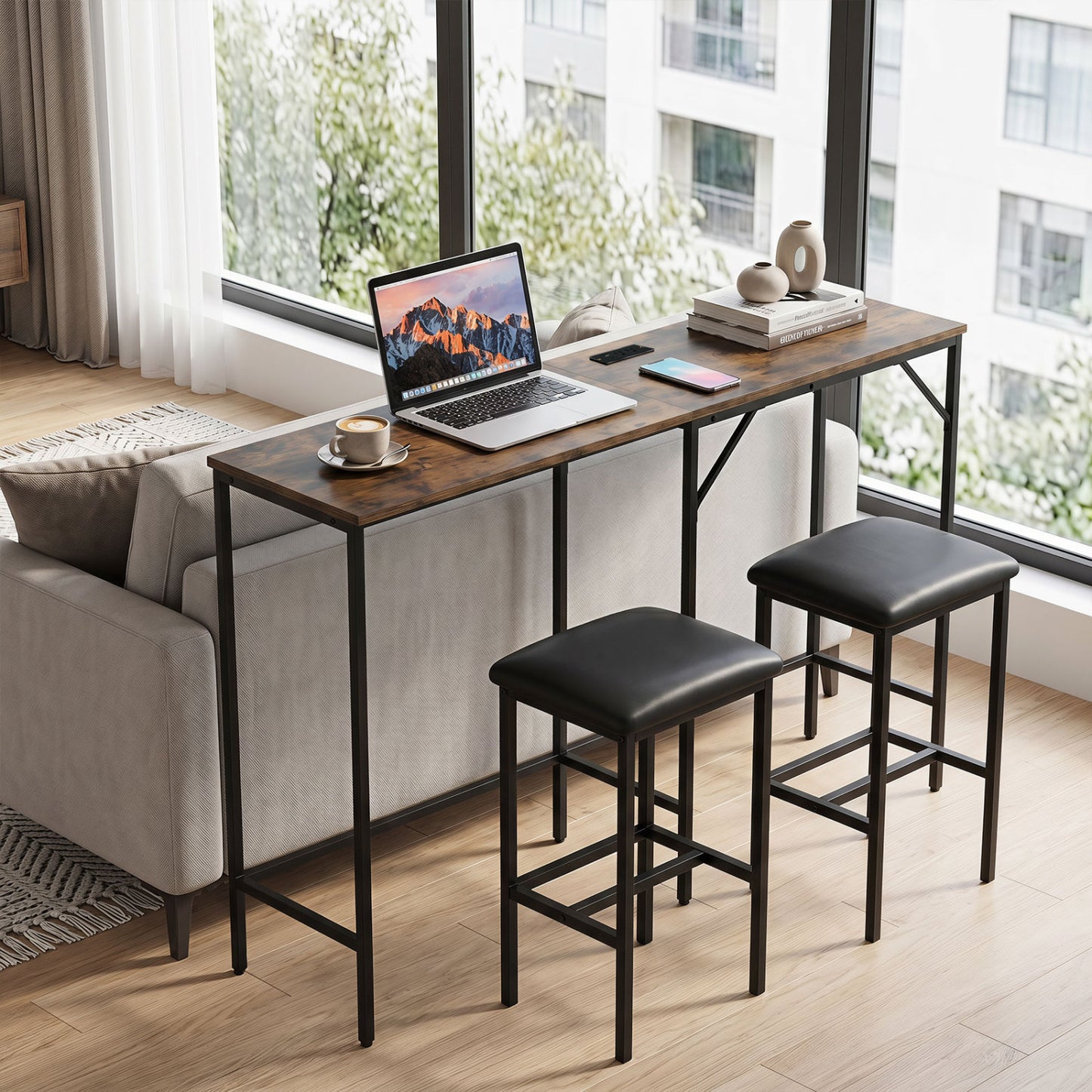 3-Piece L-Shaped Kitchen Table Set, 2 AC Outlets & USB, Rustic Brown