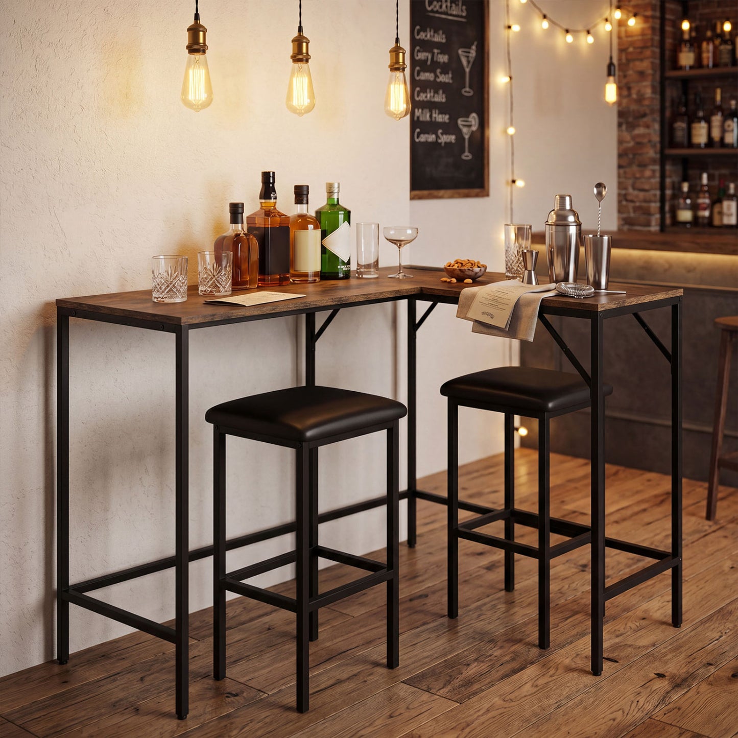 3-Piece L-Shaped Kitchen Table Set, 2 AC Outlets & USB, Rustic Brown