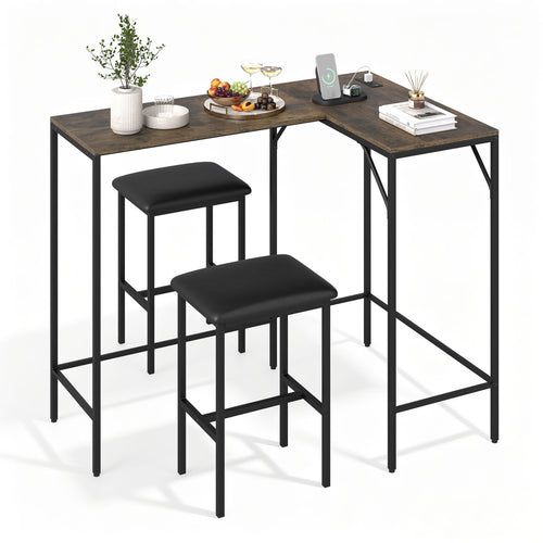 3-Piece L-Shaped Kitchen Table Set, 2 AC Outlets & USB, Rustic Brown