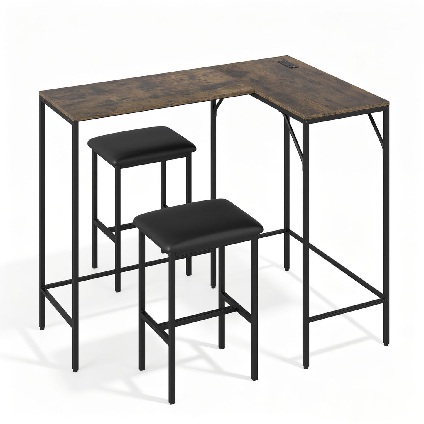3-Piece L-Shaped Kitchen Table Set, 2 AC Outlets & USB, Rustic Brown