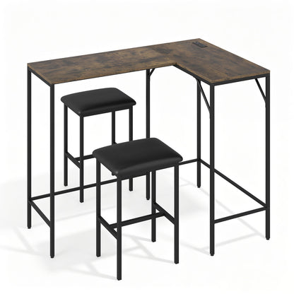 3-Piece L-Shaped Kitchen Table Set, 2 AC Outlets & USB, Rustic Brown