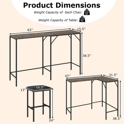 3-Piece L-Shaped Kitchen Table Set, 2 AC Outlets & USB, Rustic Brown