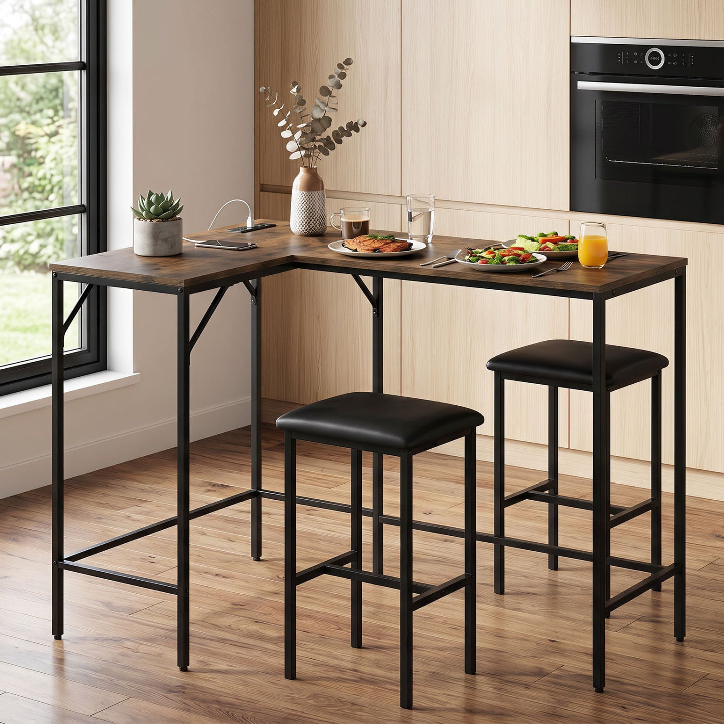 3-Piece L-Shaped Kitchen Table Set, 2 AC Outlets & USB, Rustic Brown