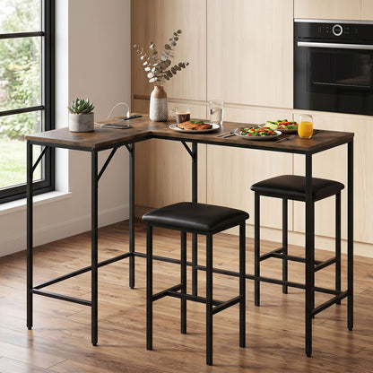 3-Piece L-Shaped Kitchen Table Set, 2 AC Outlets & USB, Rustic Brown