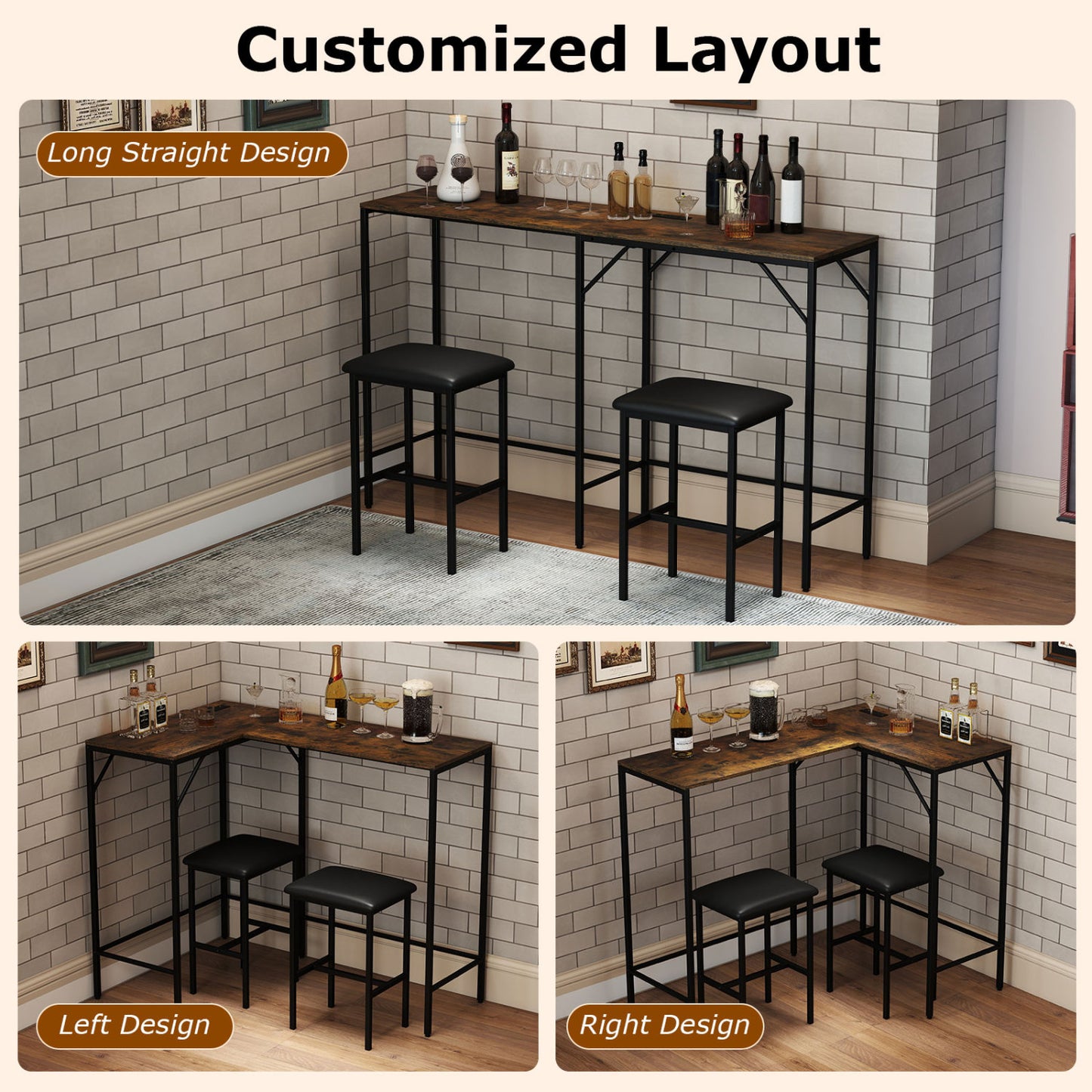 3-Piece L-Shaped Kitchen Table Set, 2 AC Outlets & USB, Rustic Brown