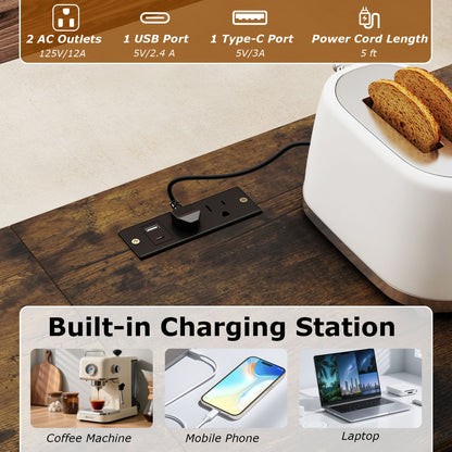 3-Piece L-Shaped Kitchen Table Set, 2 AC Outlets & USB, Rustic Brown