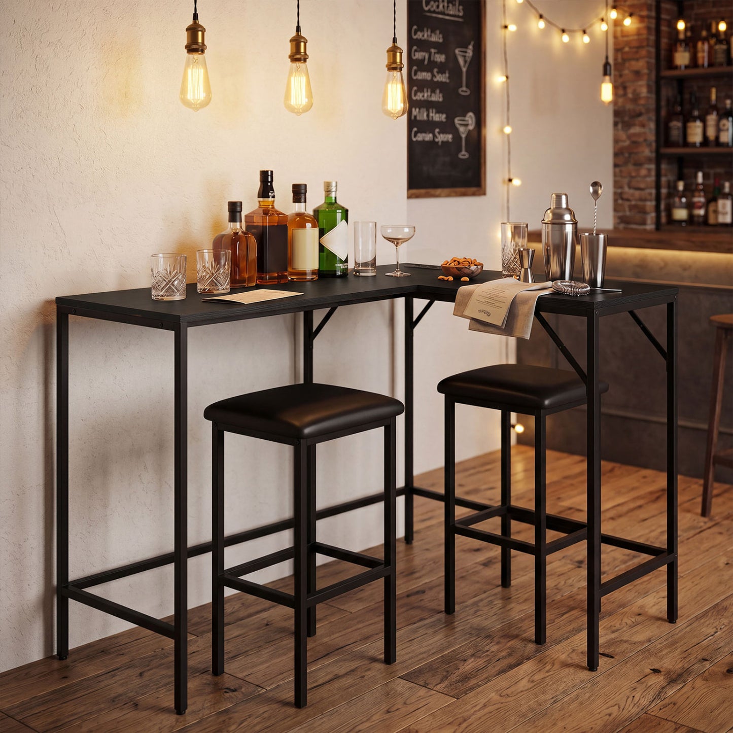 3-Piece L-Shaped Kitchen Set, 2 AC Outlets & USB, Black