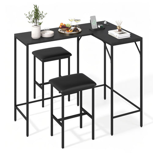 3-Piece L-Shaped Kitchen Set, 2 AC Outlets & USB, Black