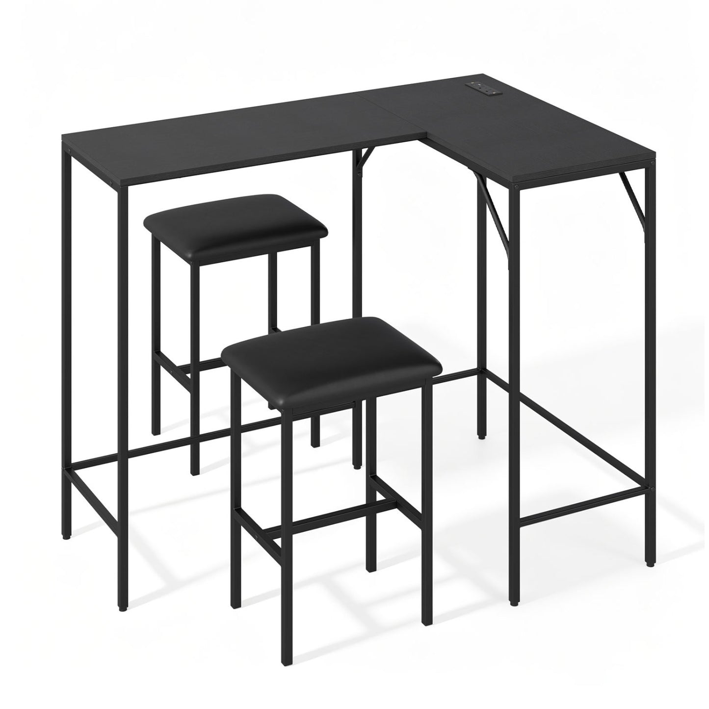 3-Piece L-Shaped Kitchen Set, 2 AC Outlets & USB, Black