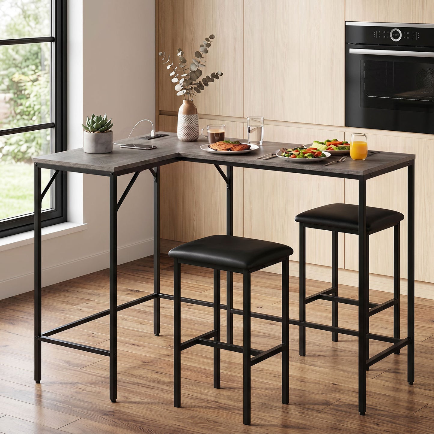 3-Piece L-Shaped Kitchen Set with Outlets, Gray