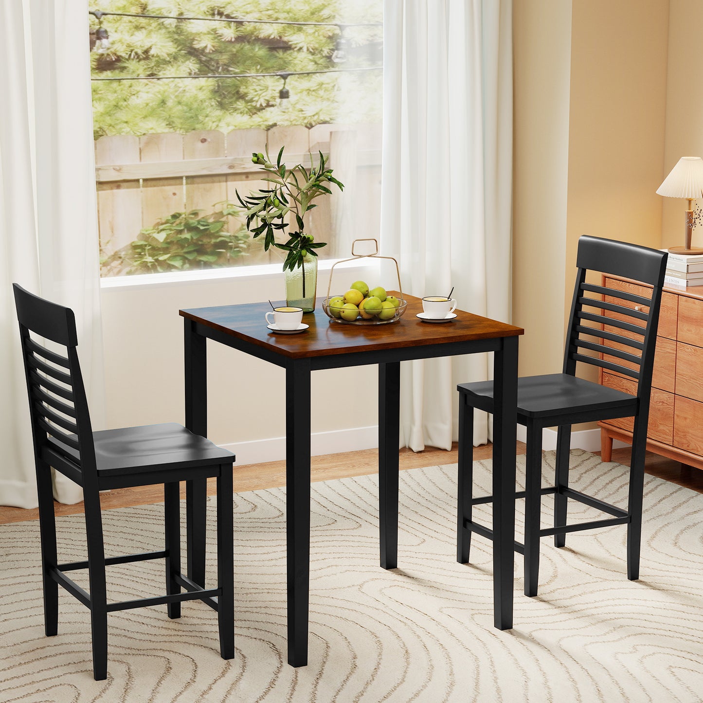 3-Piece Counter-Height Dining Table Set for 2 with Rubber Wood Frame and Footrest, Black