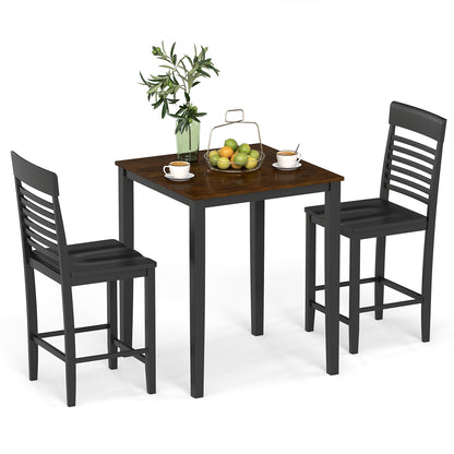 3-Piece Counter-Height Dining Table Set for 2 with Rubber Wood Frame and Footrest, Black