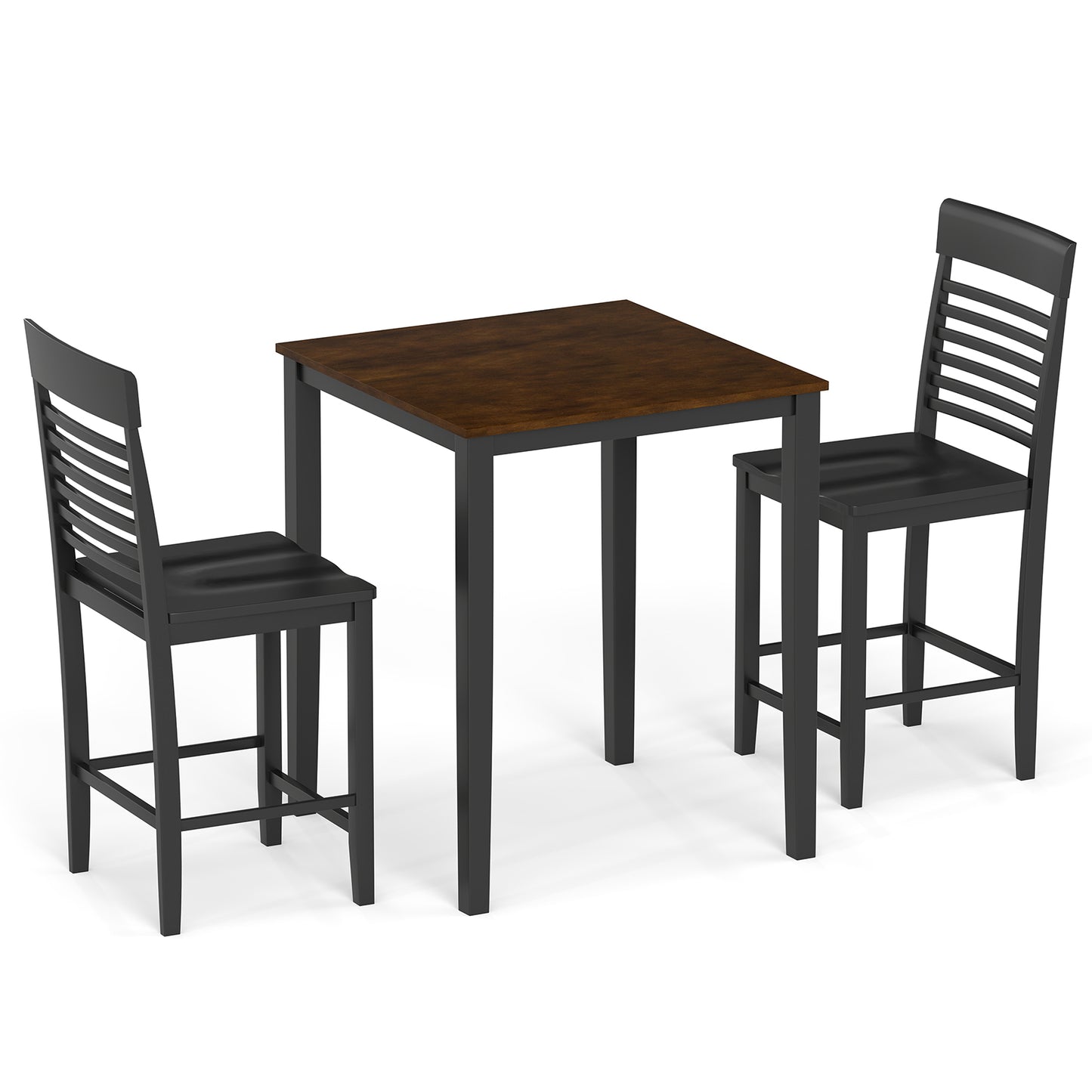 3-Piece Counter-Height Dining Table Set for 2 with Rubber Wood Frame and Footrest, Black