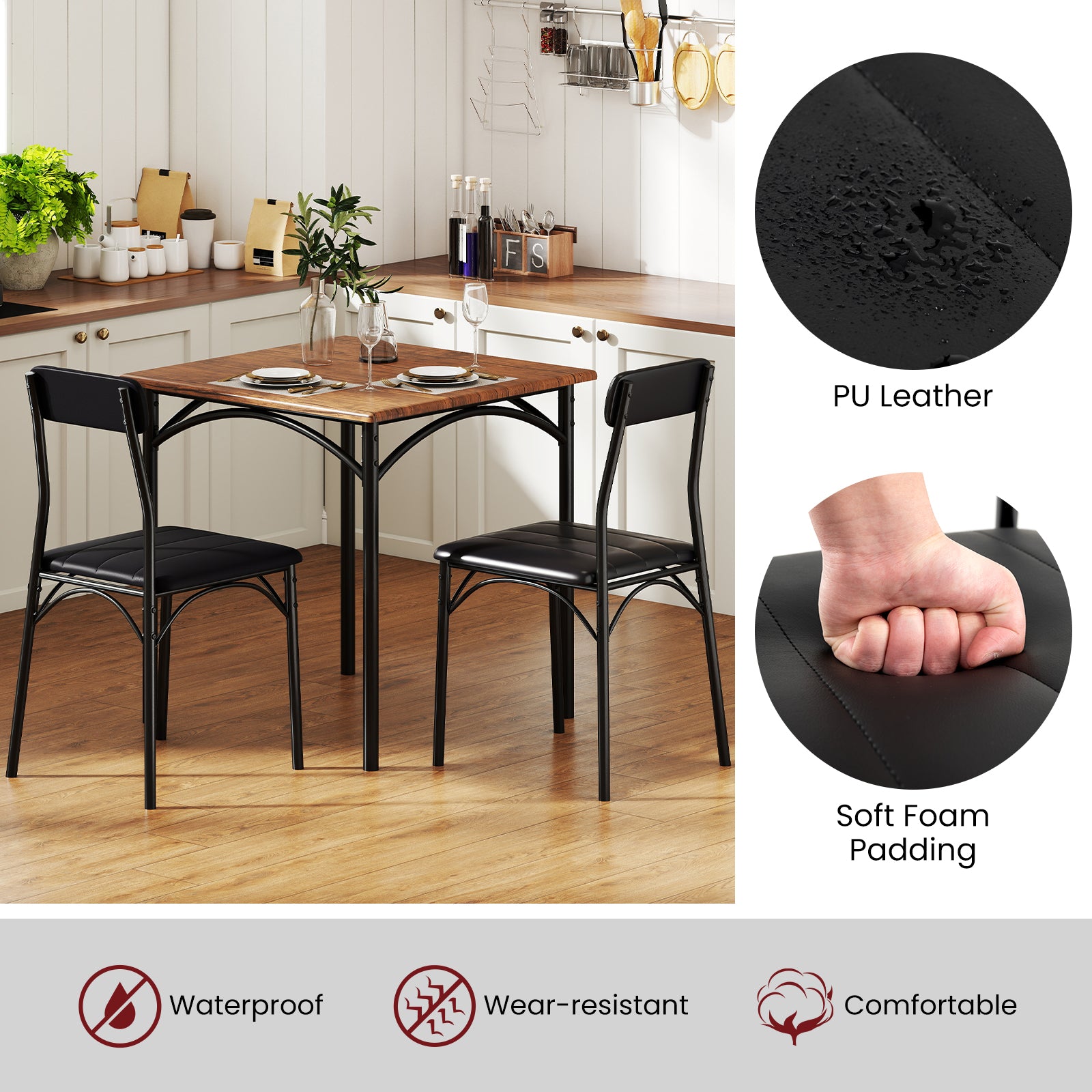 3-Piece Dining Table Set Square Kitchen Table and 2 Chairs for Dining Room, Rustic Brown Dining Room Sets at Gallery Canada