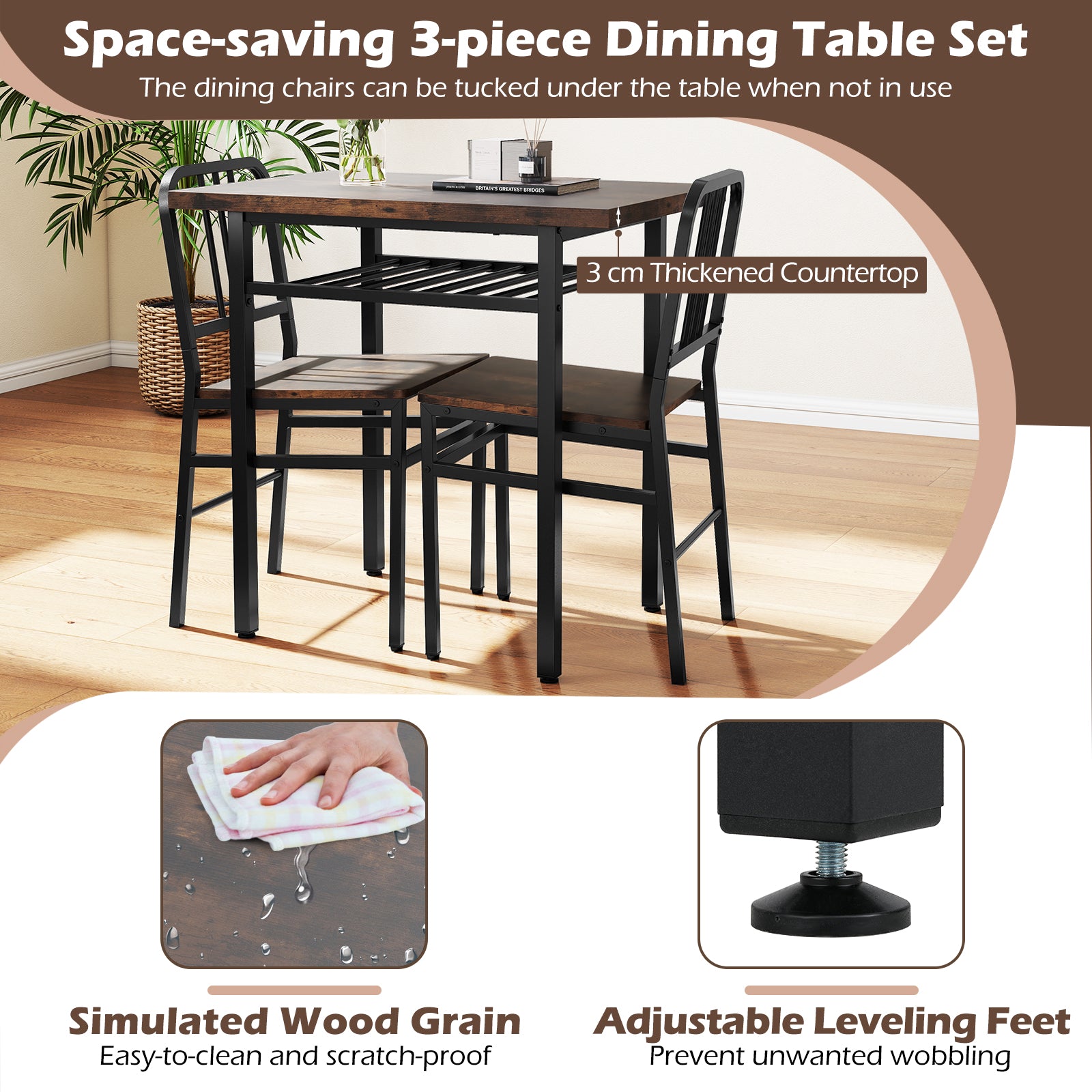 3-Piece Dining Table Set, Rectangular Kitchen Table, 2 Chairs, Brown Dining Room Sets at Gallery Canada