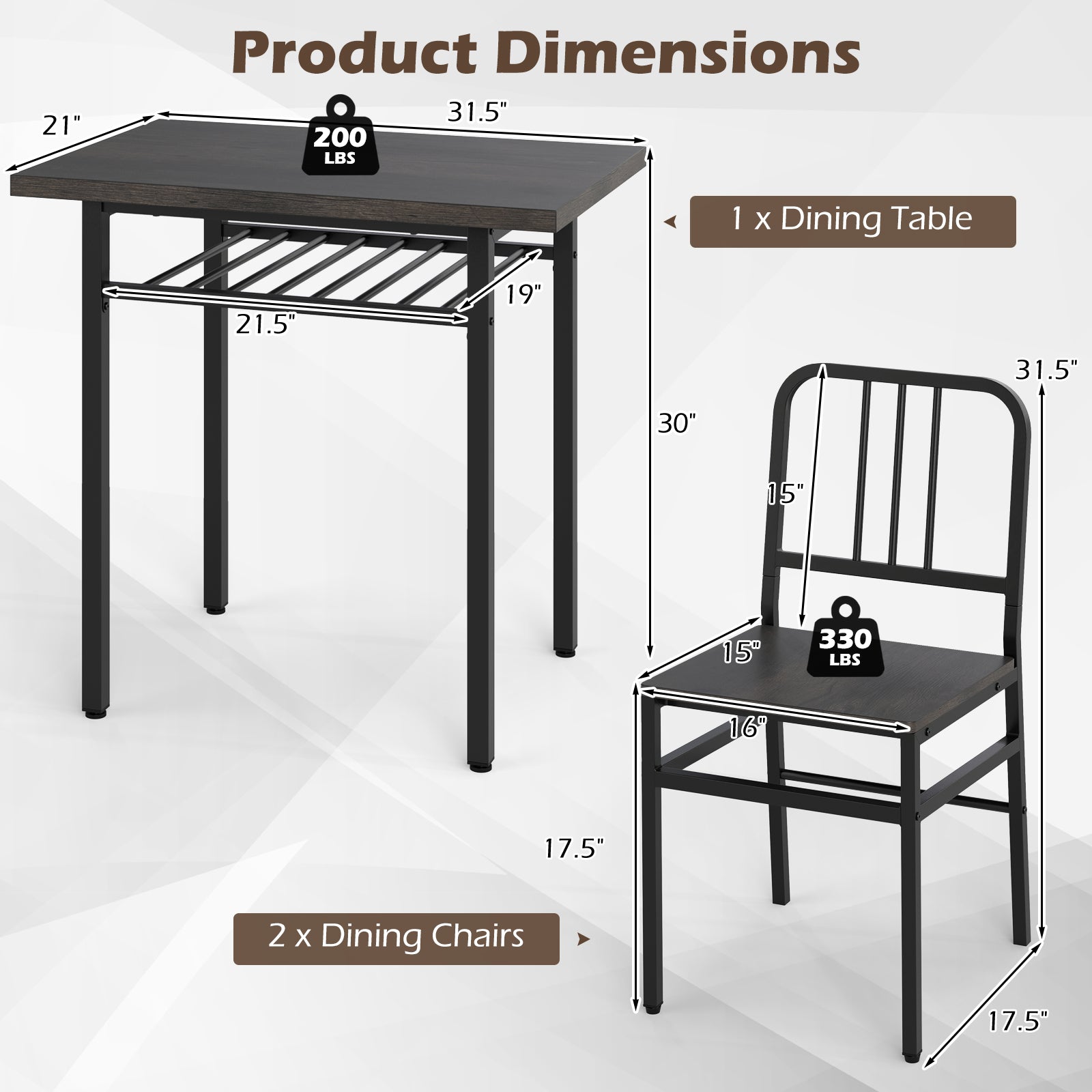 3-Piece Dining Table Set, Rectangular Kitchen Table, 2 Chairs, Black, Gray Dining Room Sets at Gallery Canada