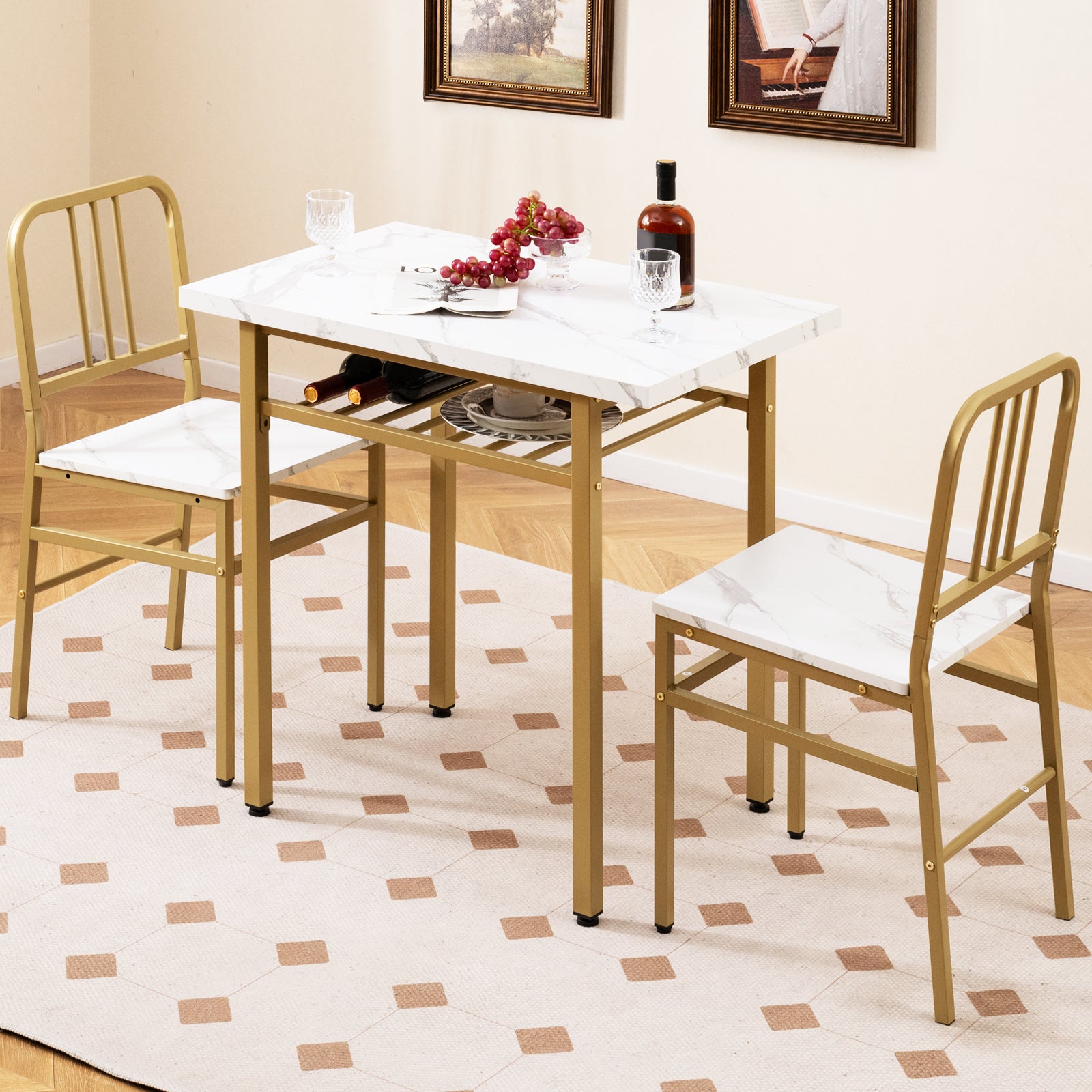 3-Piece Dining Table Set, Rectangular Kitchen Table, 2 Chairs, Golden, White Dining Room Sets at Gallery Canada