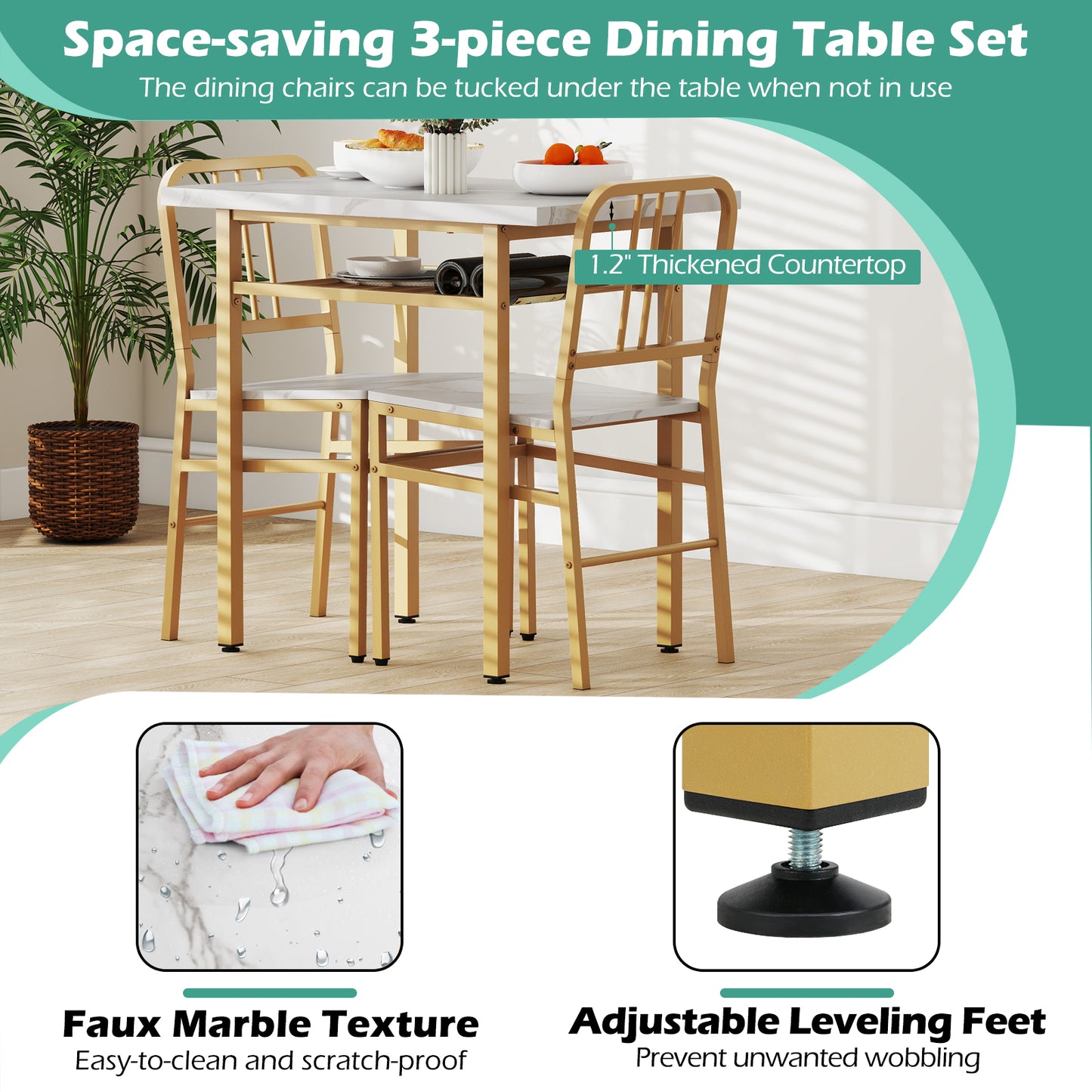 3-Piece Dining Table Set, Rectangular Kitchen Table, 2 Chairs, Golden, White Dining Room Sets at Gallery Canada