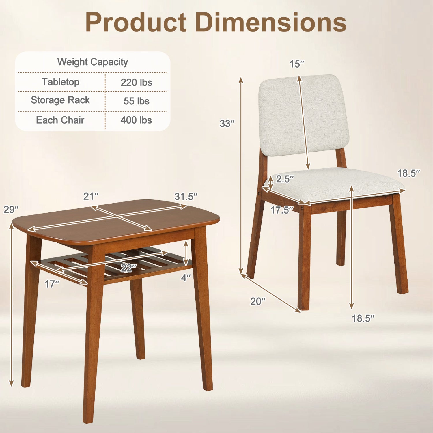 3-Piece Dining Table Set for 2 with Upholstered Chairs, Cherry Dining Room Sets at Gallery Canada