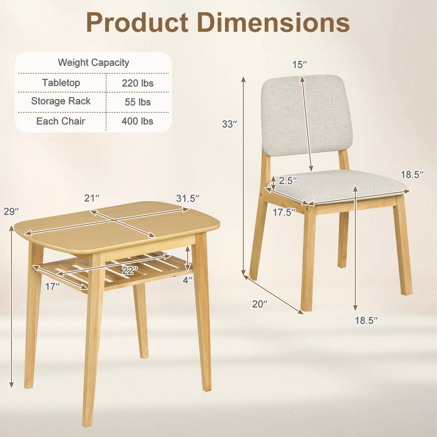3-Piece Dining Table Set with Upholstered Chairs, Natural Dining Room Sets at Gallery Canada
