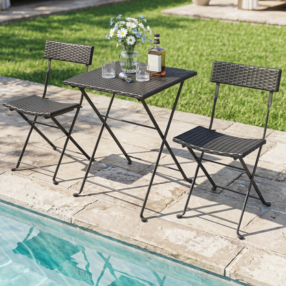 3-Piece Folding Bistro Set, PE Wicker, Black