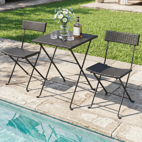 3-Piece Folding Bistro Set, PE Wicker, Black