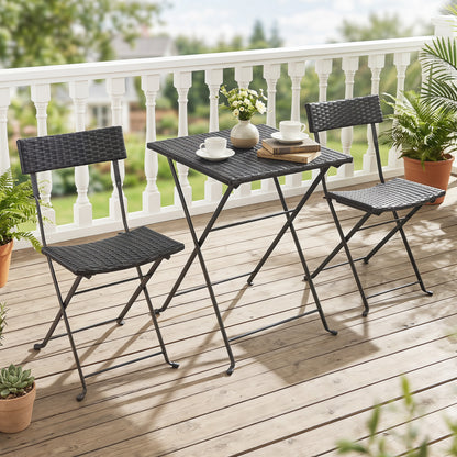 3-Piece Folding Bistro Set, PE Wicker, Black