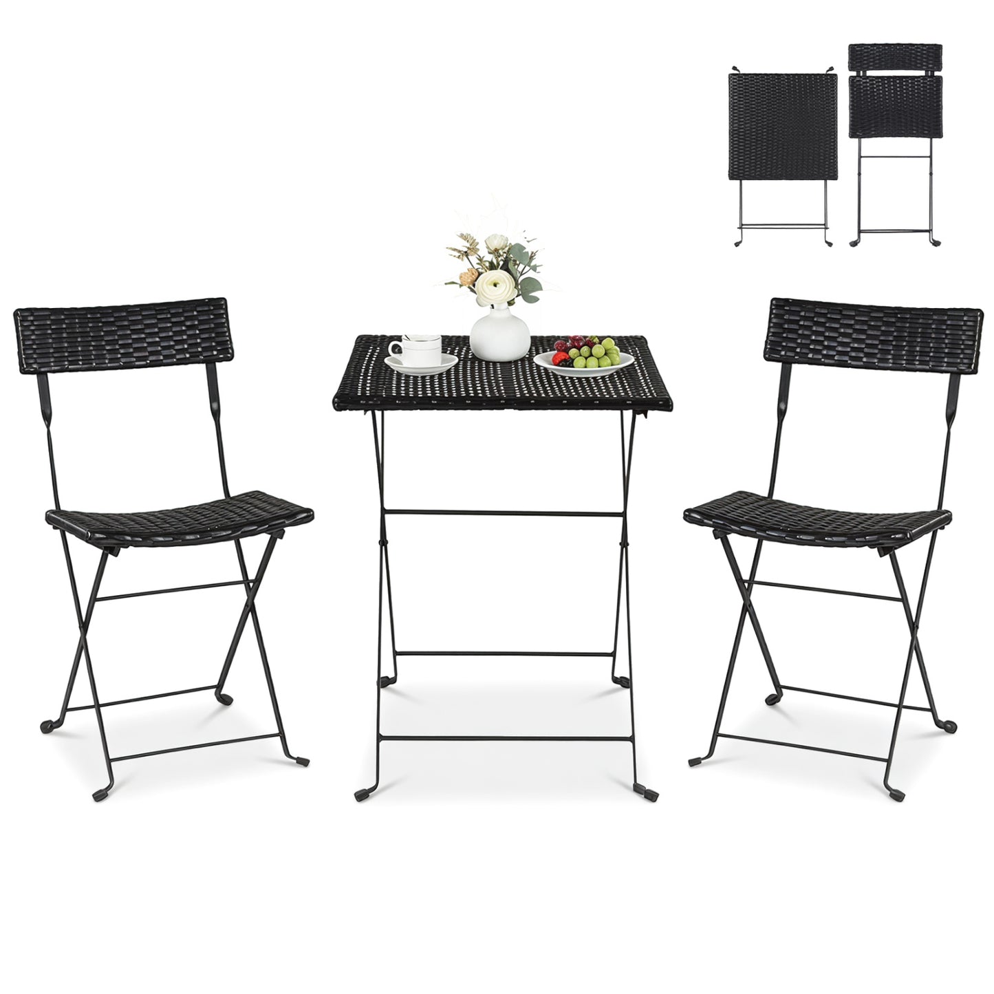 3-Piece Folding Bistro Set, PE Wicker, Black