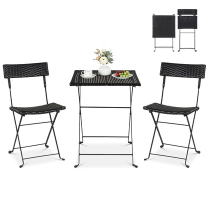 3-Piece Folding Bistro Set, PE Wicker, Black