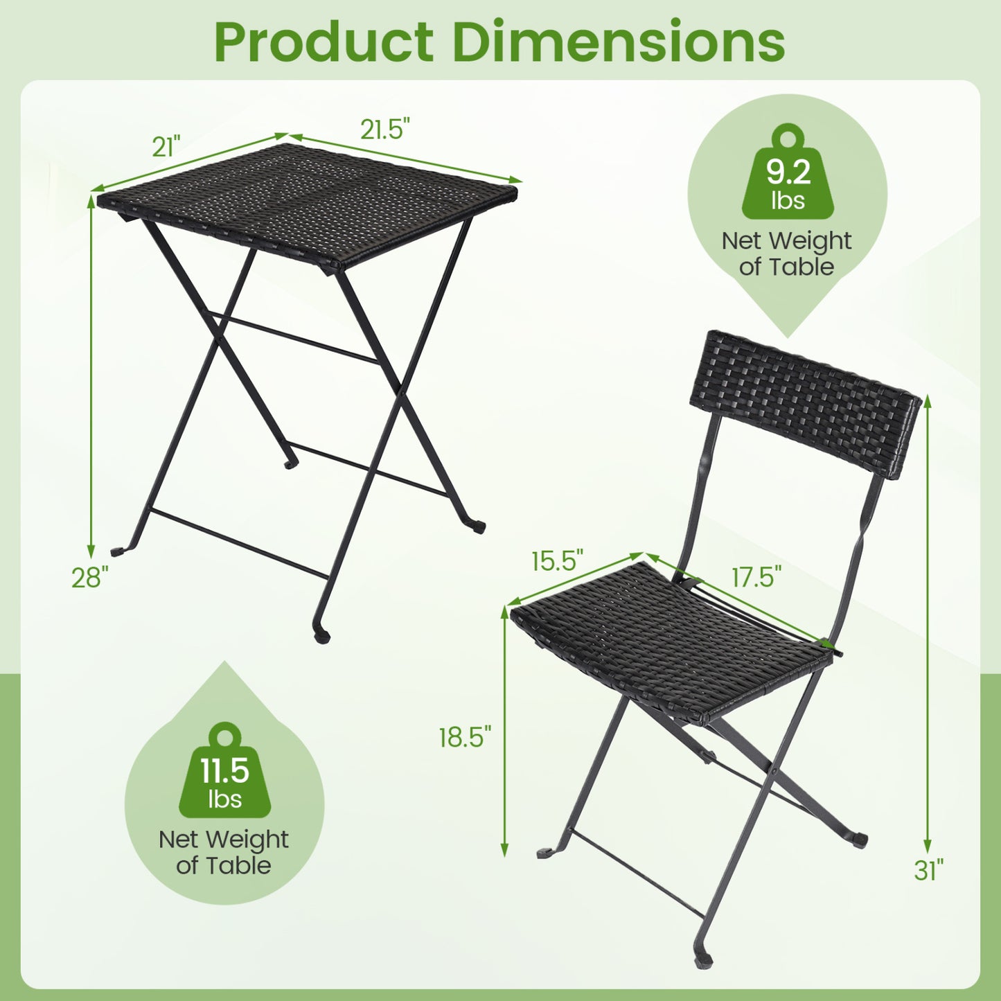 3-Piece Folding Bistro Set, PE Wicker, Black