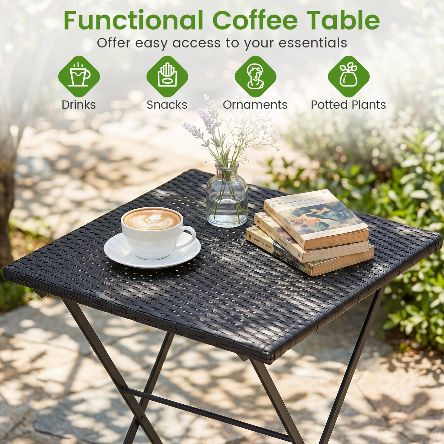 3-Piece Folding Bistro Set, PE Wicker, Black