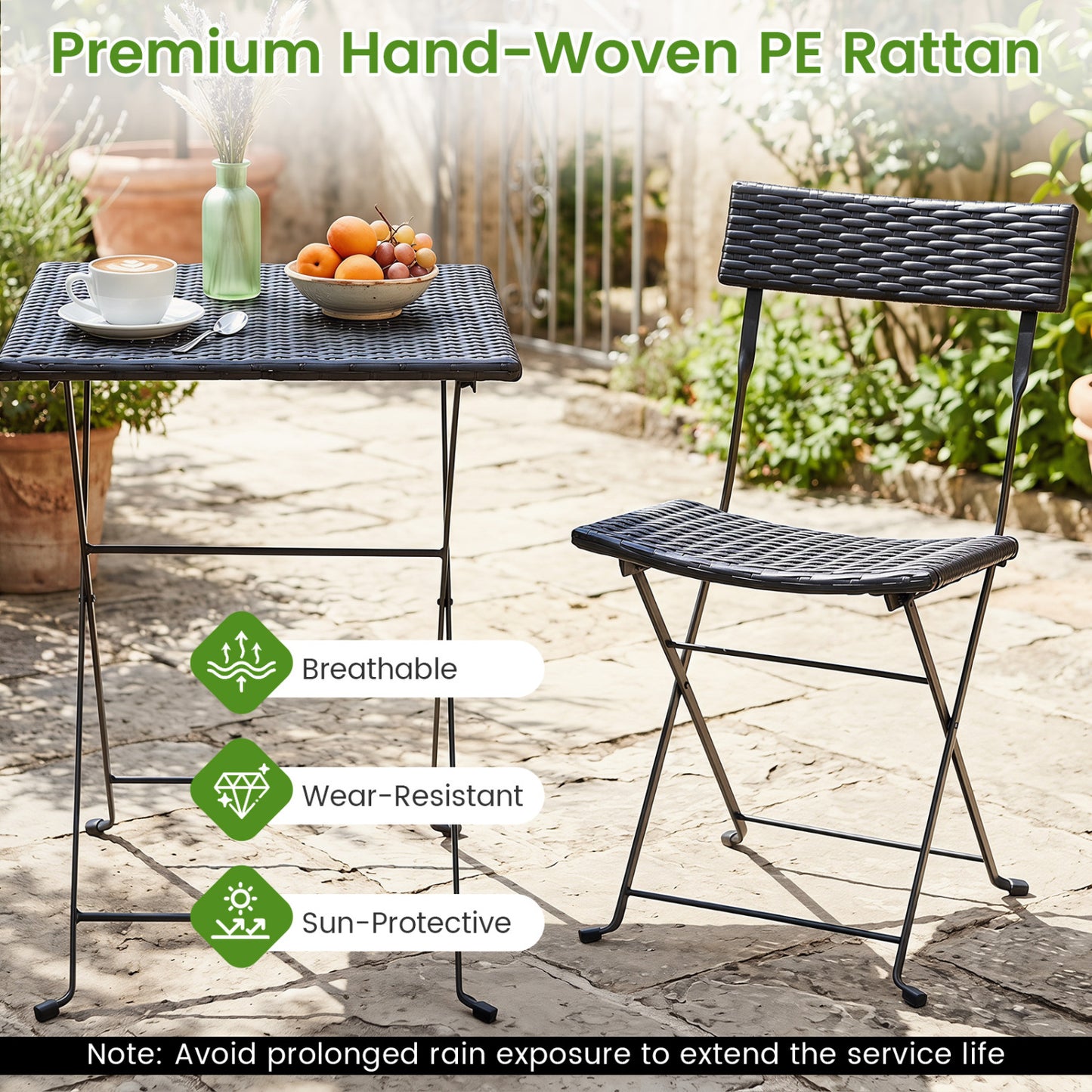 3-Piece Folding Bistro Set, PE Wicker, Black