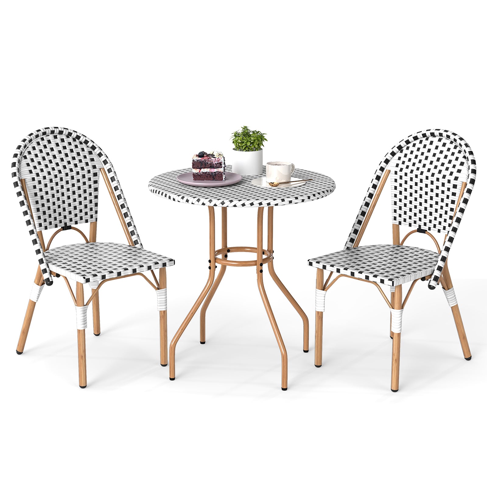 3 Piece French Bistro Table Chair Set with Outdoor Wicker Round Table and 2 Dining Chairs, White
