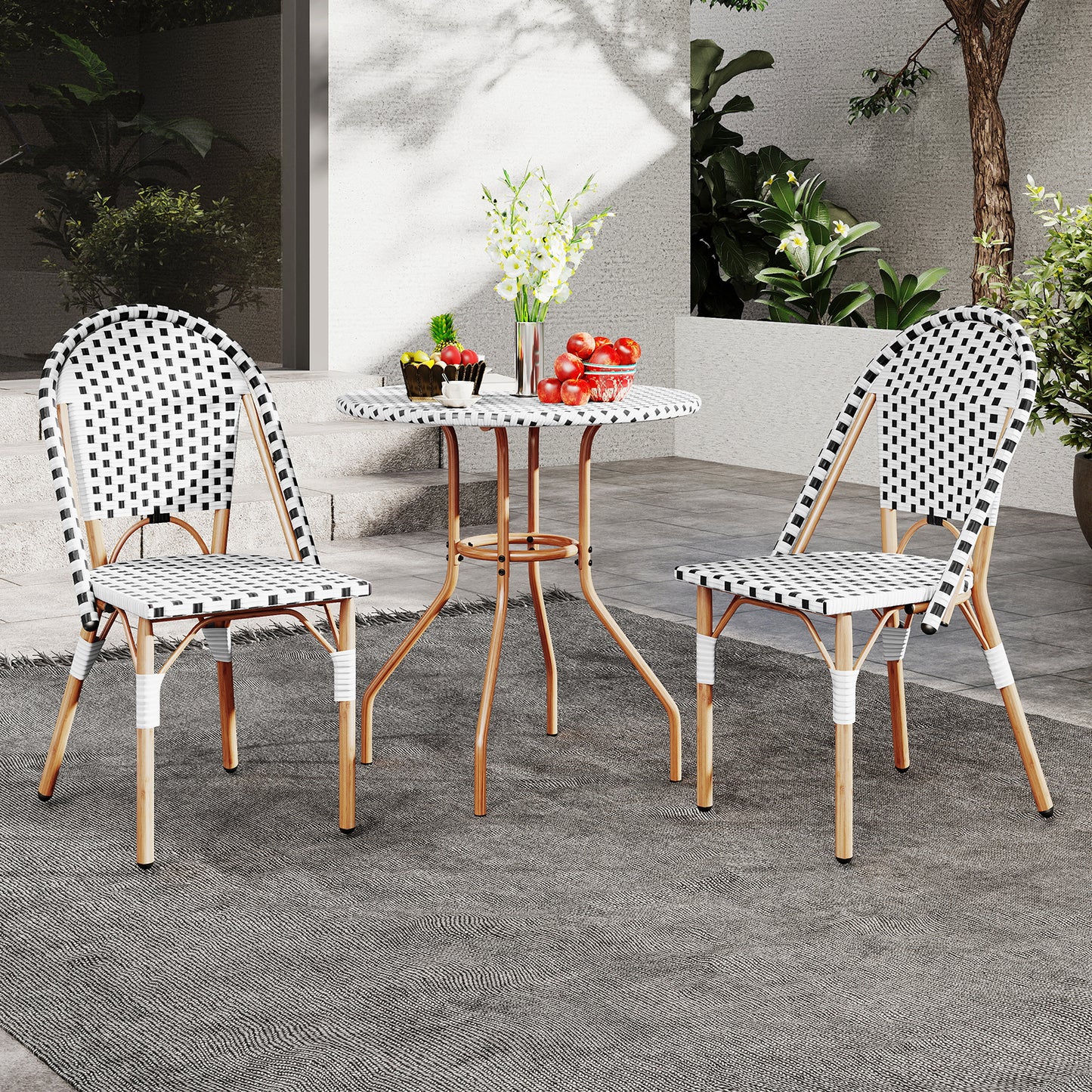 3 Piece French Bistro Table Chair Set with Outdoor Wicker Round Table and 2 Dining Chairs, White Patio Dining Sets at Gallery Canada