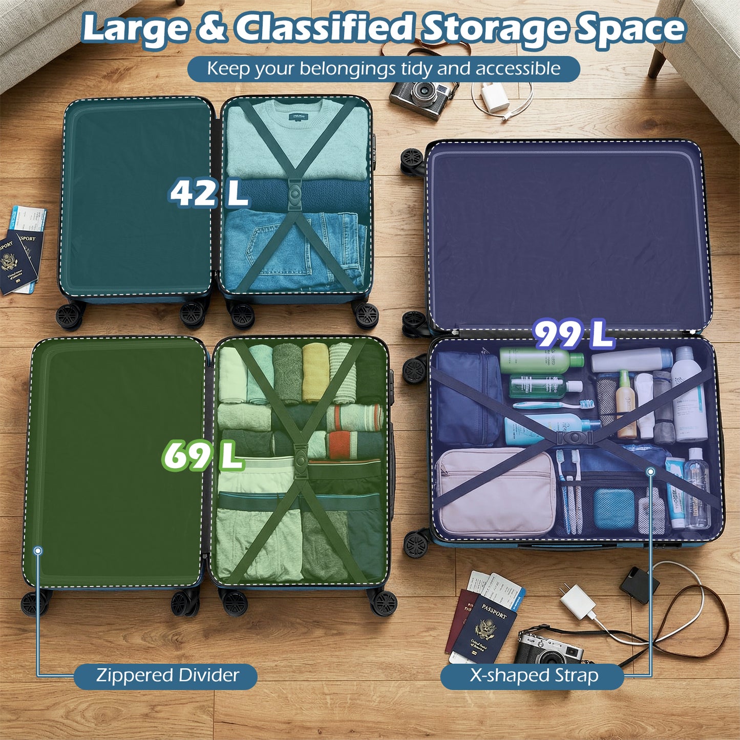 3-Piece Hardside Luggage Set (20/24/28 Inch) Lightweight with 3-Digital Lock, Blue Camping at Gallery Canada