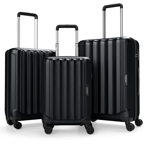 3-Piece Hardside Luggage Set (20/24/28 Inch) Lightweight with 3-Digital Lock, Black