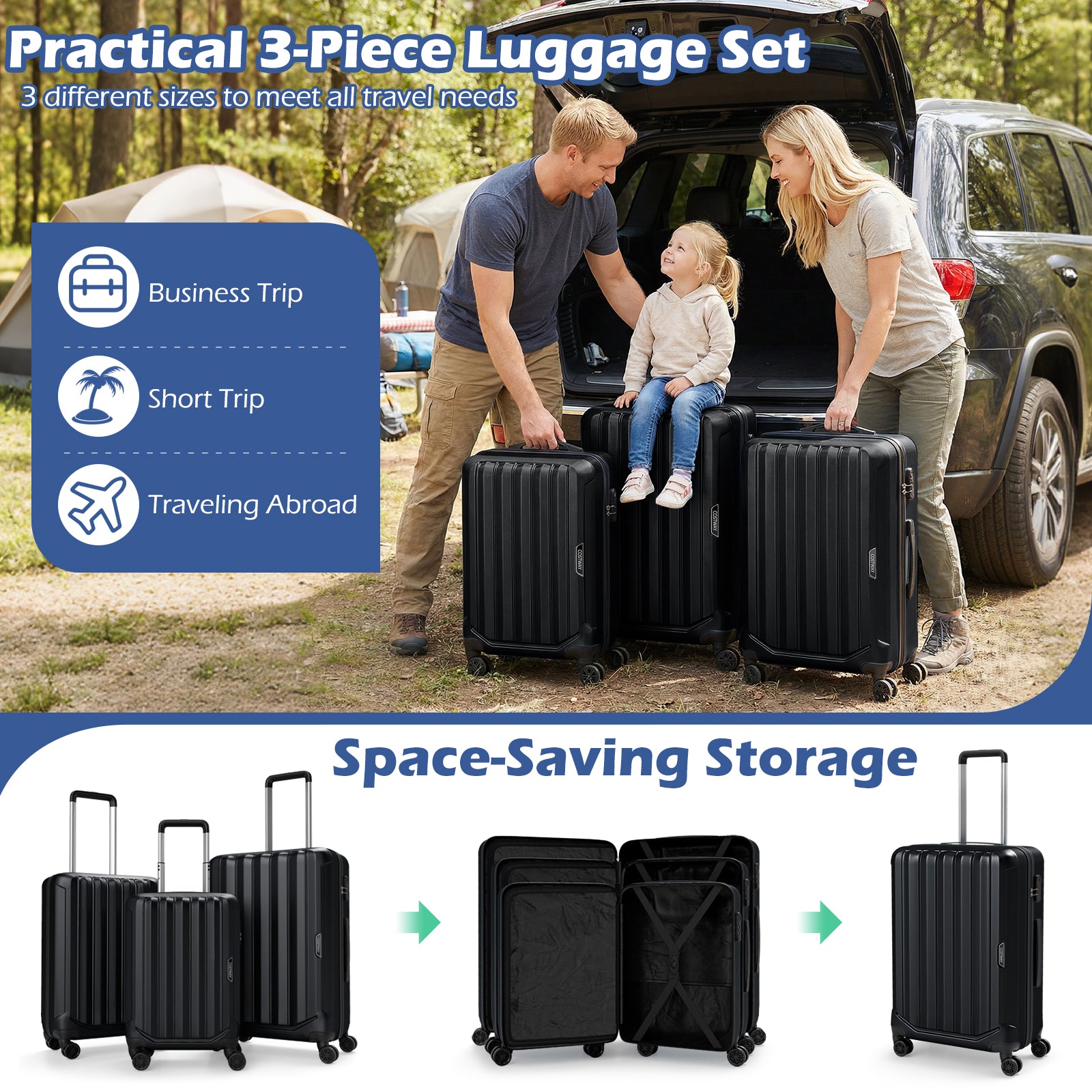 3-Piece Hardside Luggage Set (20/24/28 Inch) Lightweight with 3-Digital Lock, Black Camping at Gallery Canada