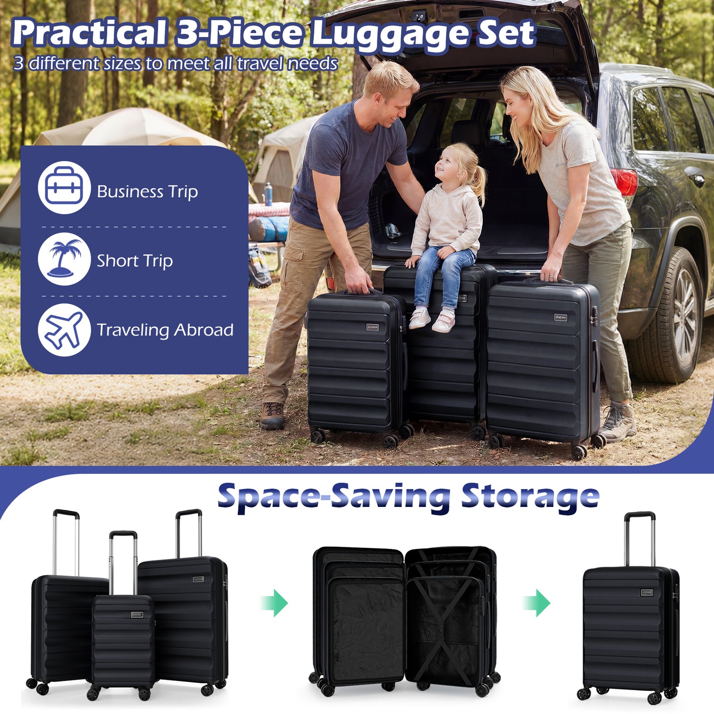 3-Piece Hardside Luggage Set 20/24/28 Inch Lightweight Hardside Suitcases, Black Camping at Gallery Canada