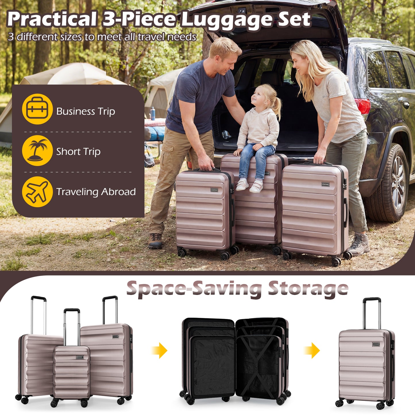 3-Piece Hardside Luggage Set 20/24/28 Inch Lightweight Hardside Suitcases, Pink Camping at Gallery Canada