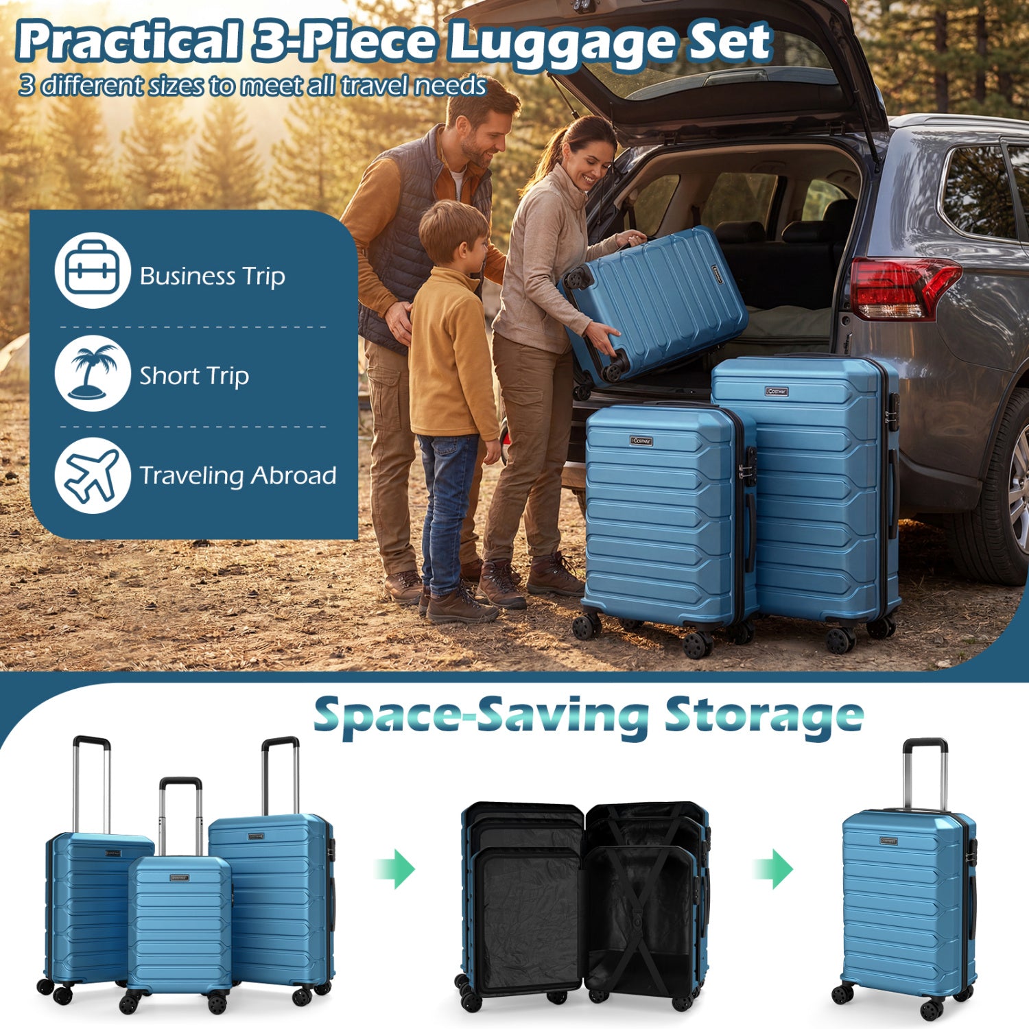 3-Piece Hardside Luggage Set Lightweight Hardside Suitcases with 8-Spinner Wheels, Blue Camping at Gallery Canada