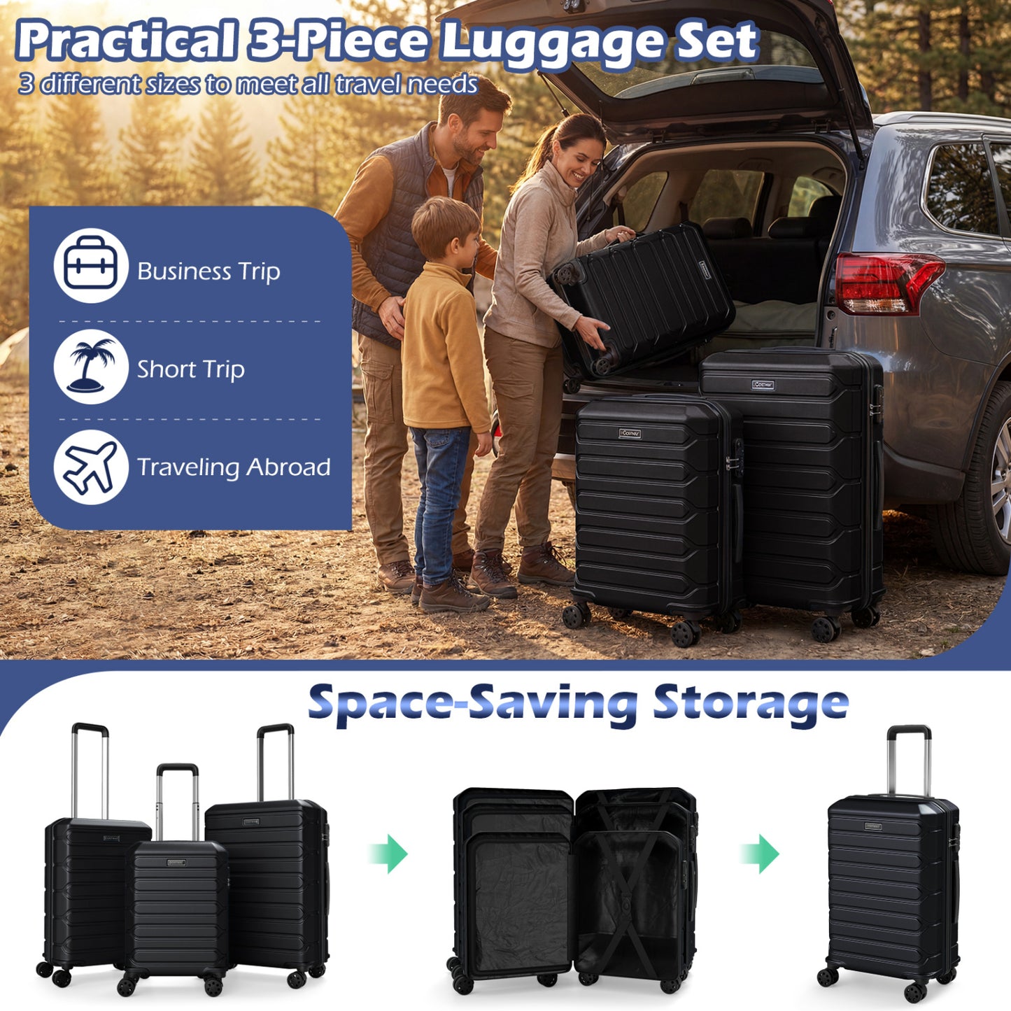 3-Piece Hardside Luggage Set Lightweight Hardside Suitcases with 8-Spinner Wheels, Black Camping at Gallery Canada