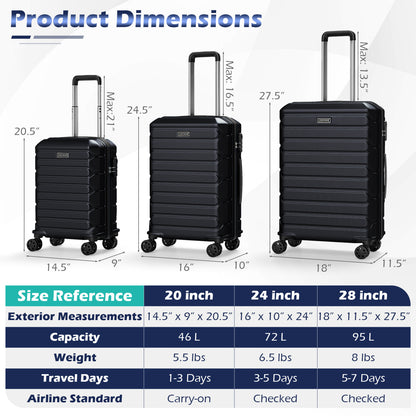 3-Piece Hardside Luggage Set Lightweight Hardside Suitcases with 8-Spinner Wheels, Black Camping at Gallery Canada