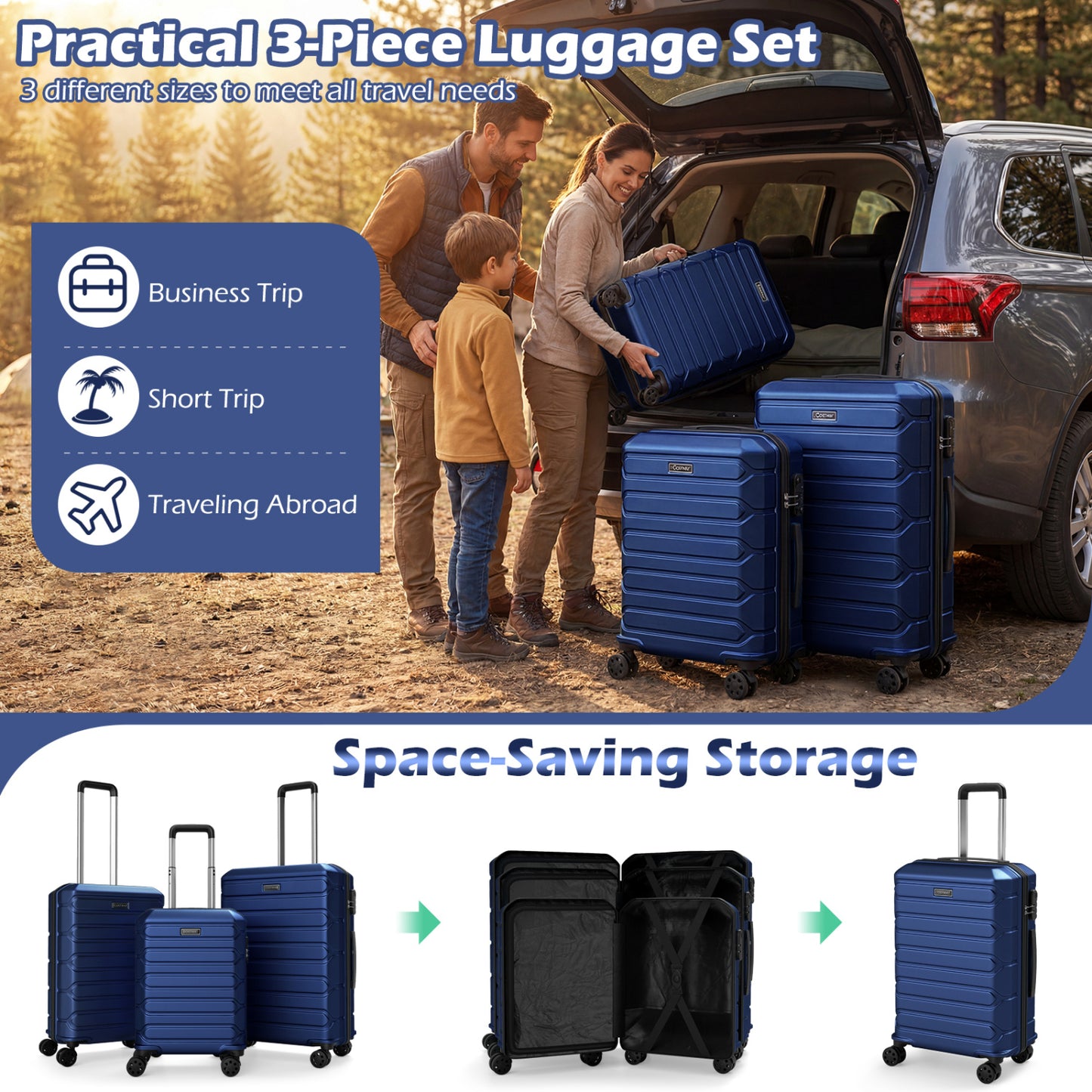 3-Piece Hardside Luggage Set Lightweight Hardside Suitcases with 8-Spinner Wheels, Navy Camping at Gallery Canada