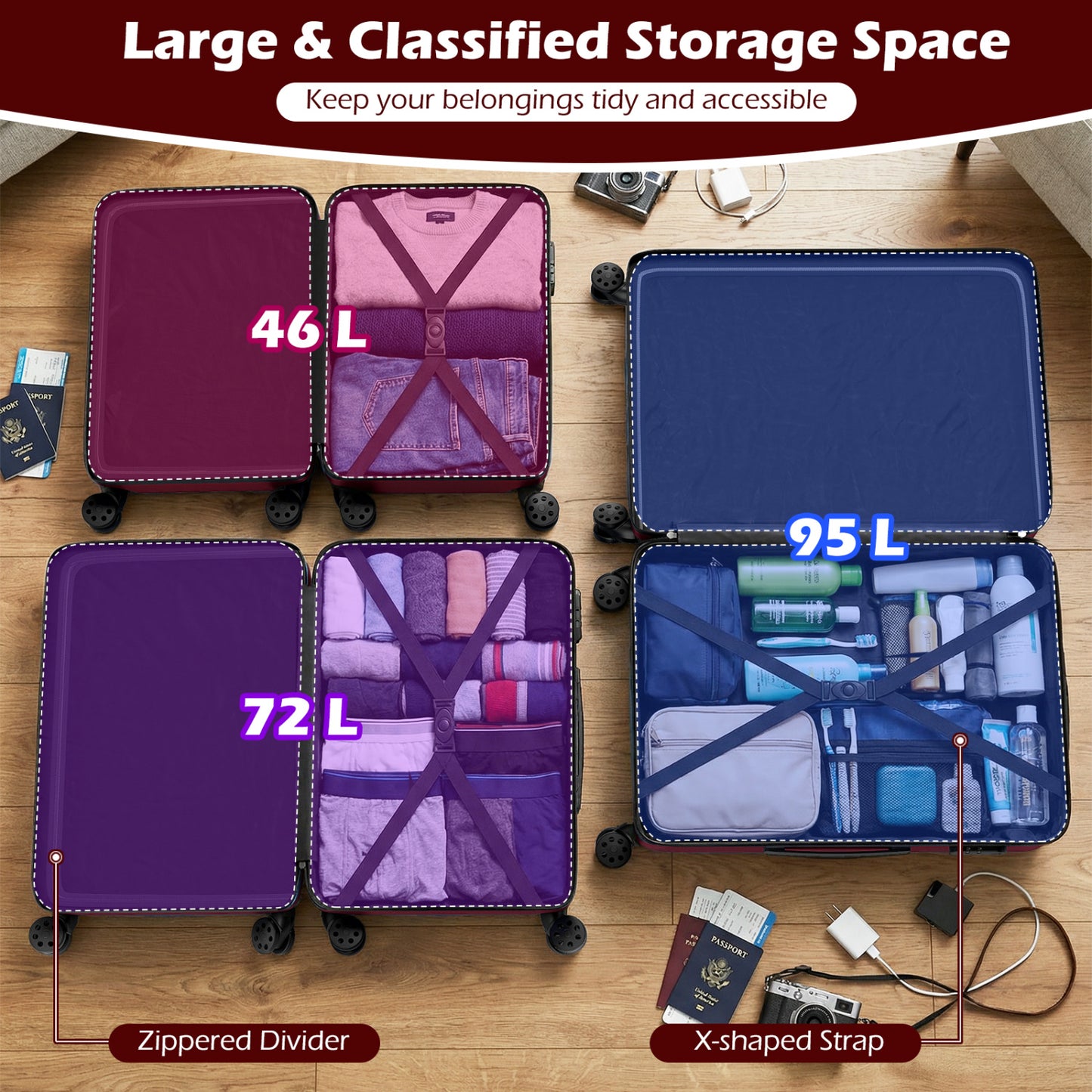 3-Piece Hardside Luggage Set Lightweight Hardside Suitcases with 8-Spinner Wheels, Red Camping at Gallery Canada