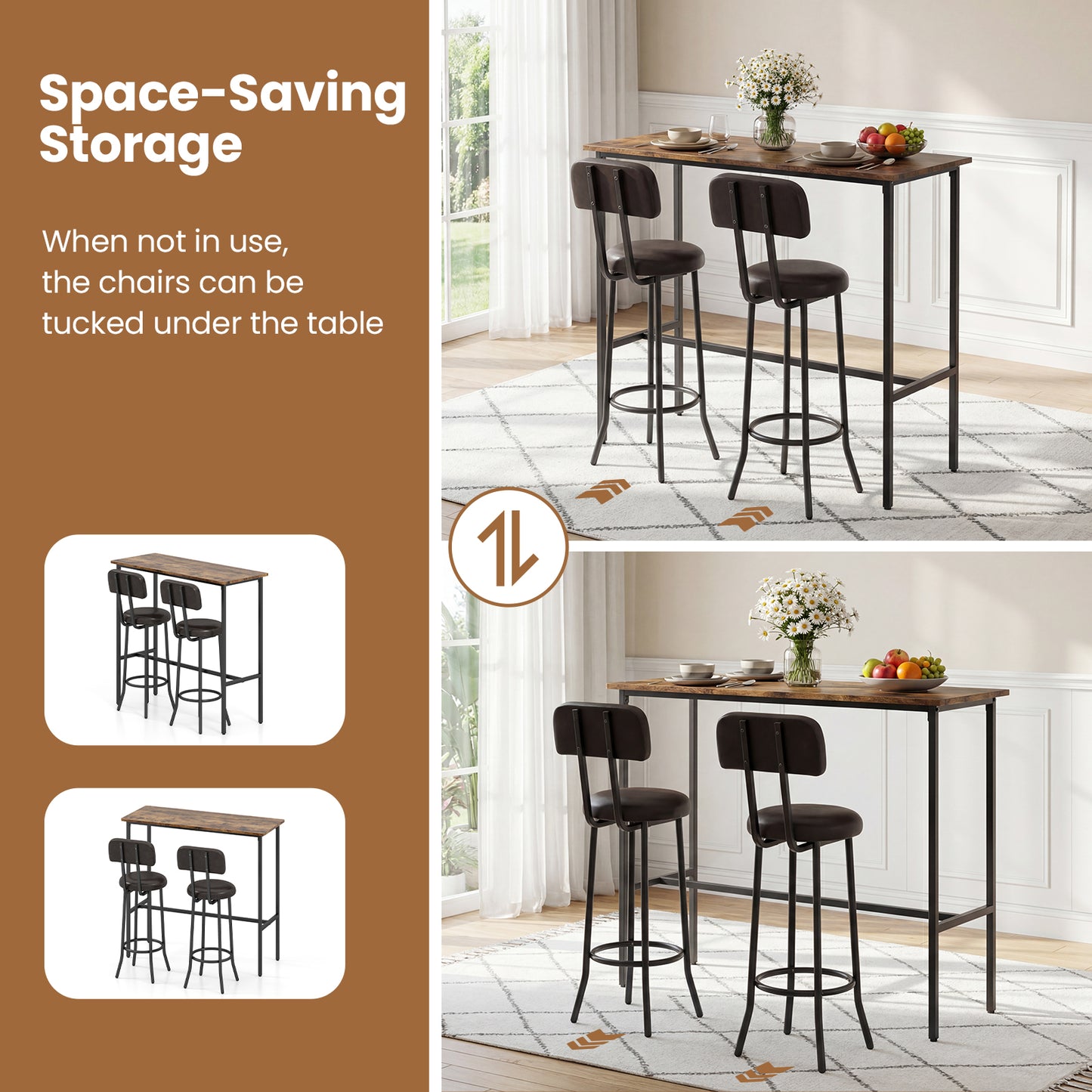 3-Piece Industrial Bar Table Set, 2 Upholstered Stools, Brown Dining Room Sets at Gallery Canada
